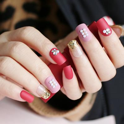 square shape red with pink 3D press on nail