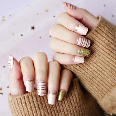 square shape nail red strip nude with gold glitter press on nail