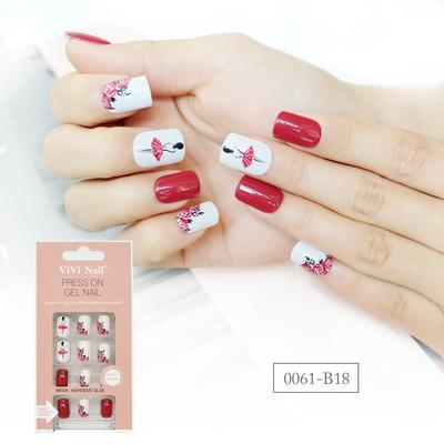Square Shape Nail Dancing On Flower Red And White Press On Nail