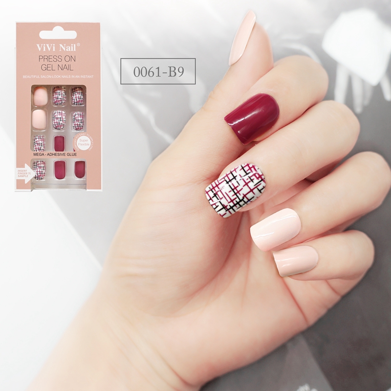 Square Shape Nail Classical Red Lattice Design Nude Press On Nail