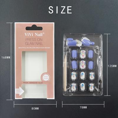 square shape nail supplier blue flower press on nail