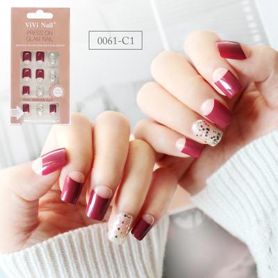 Square Shape Nail  Supplier Red French With Glitter Press On Nail