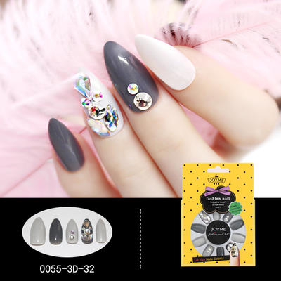 Stiletto 3D Artificial Nail Manufacturer Nail Art Gray and white with stone False Nail