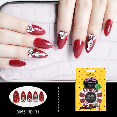 Stiletto 3D Artificial Nail Nail Art for Bride Red with stone False Nail