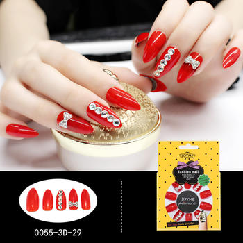 Stiletto 3D Artificial Nail Manufacturer Fashion Nail Tip Red with Crystal Stone
