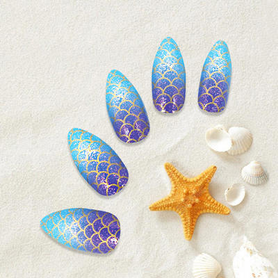 Ombre Blue Mermaid Stiletto Nail Tip With Glossy Glitter